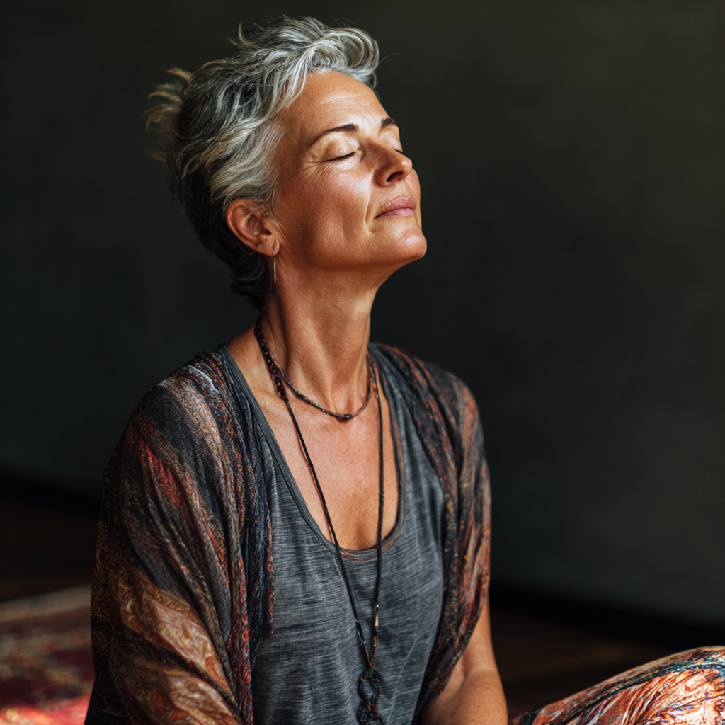 Жінка віком 52 років сидить в медитативній позі з закритими очима, демонструючи глибоку концентрацію під час дихальної практики