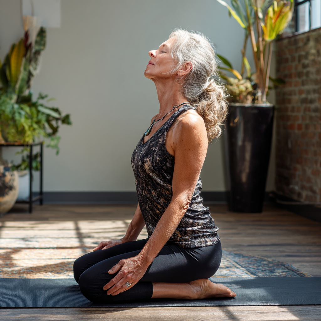 Жінка віком 55 років виконує м'яку йогу на килимку в світлій студії, демонструючи правильну техніку дихання