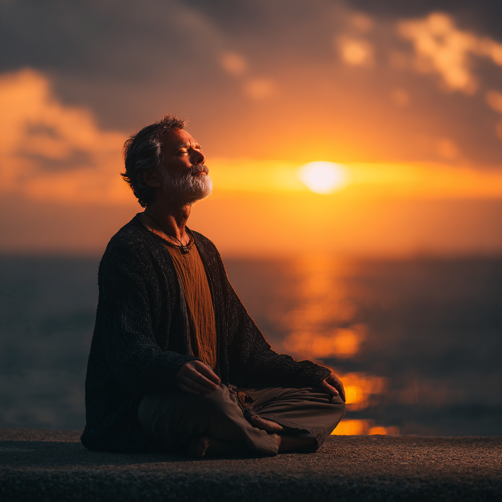 Чоловік 58 років медитує в позі лотоса на природі під час заходу сонця, втілюючи філософію балансу та усвідомленості